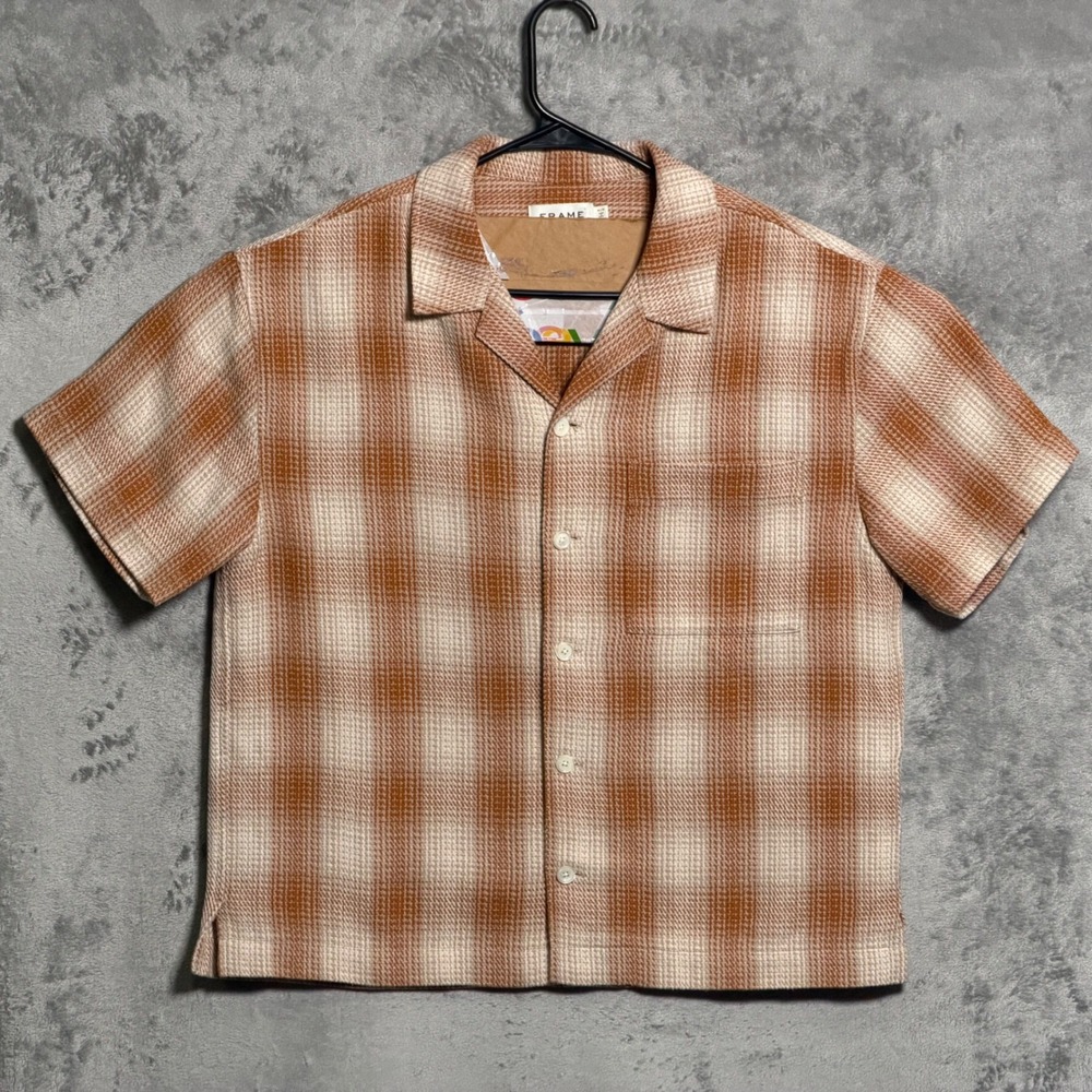 FRAME Shirt Mens Medium Rust Brown Plaid Short Sleeve Camp Casual Preppy Pocket